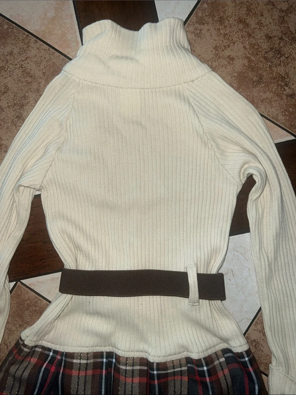 Girls Cream Ribbed Sweater Dress with Plaid Skirt and Belt